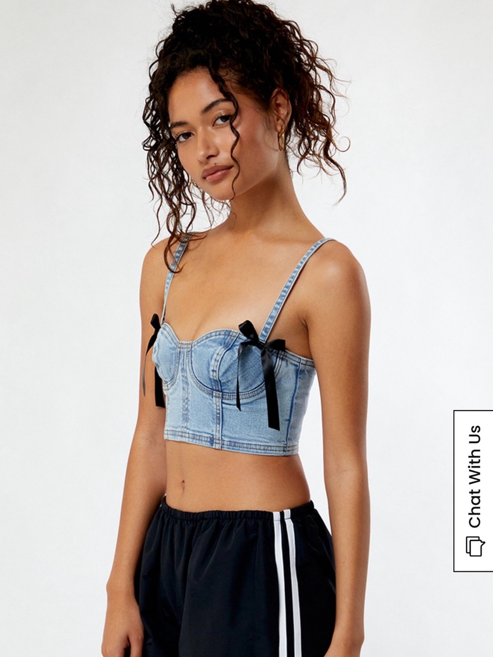 PacSun Light Blue Denim Bustier Crop Top with Black Ribbon Straps